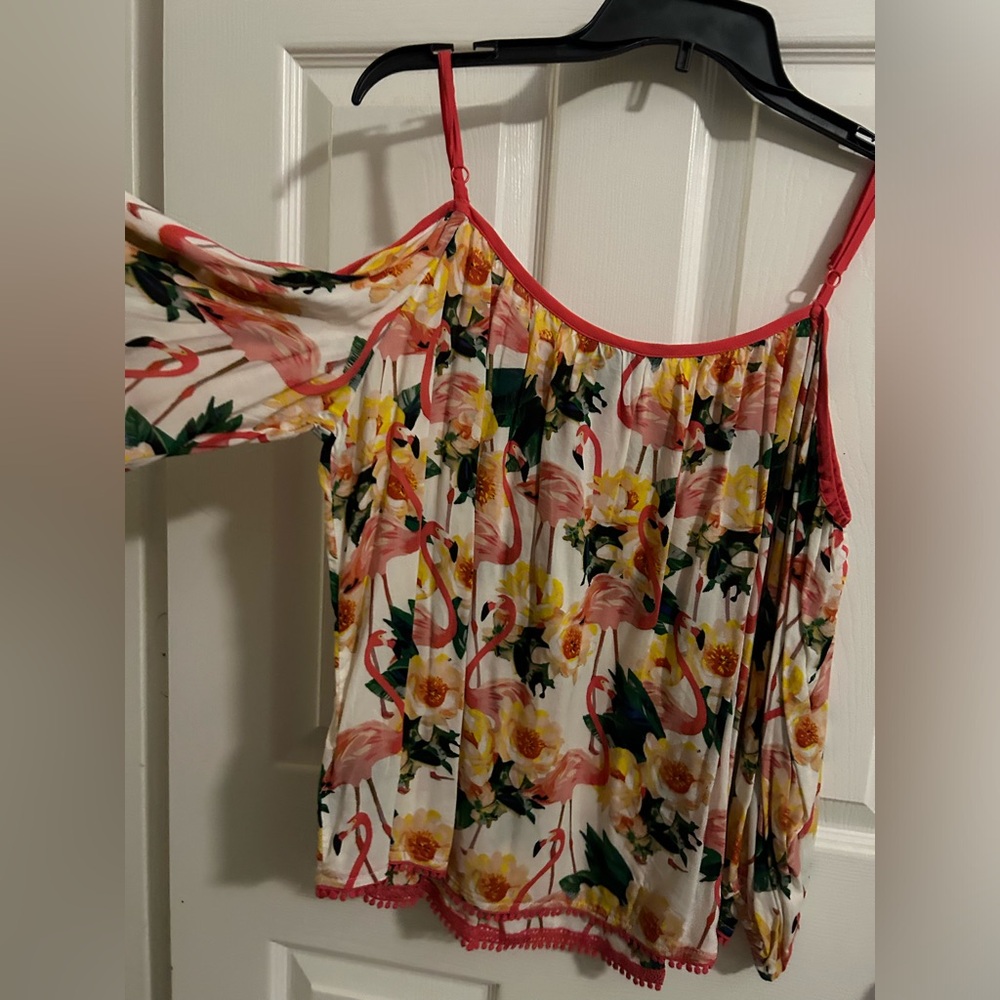 Flamingo print off shoulder blouse by Nicole miller tiki time